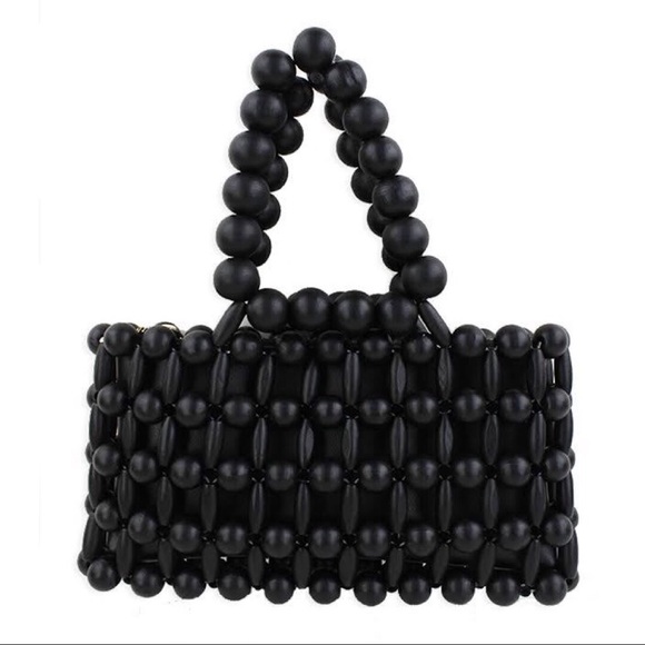 Last1! MINI WOOD BEADED TOP HANDLE HANDBAG - BLACK - Picture 2 of 5